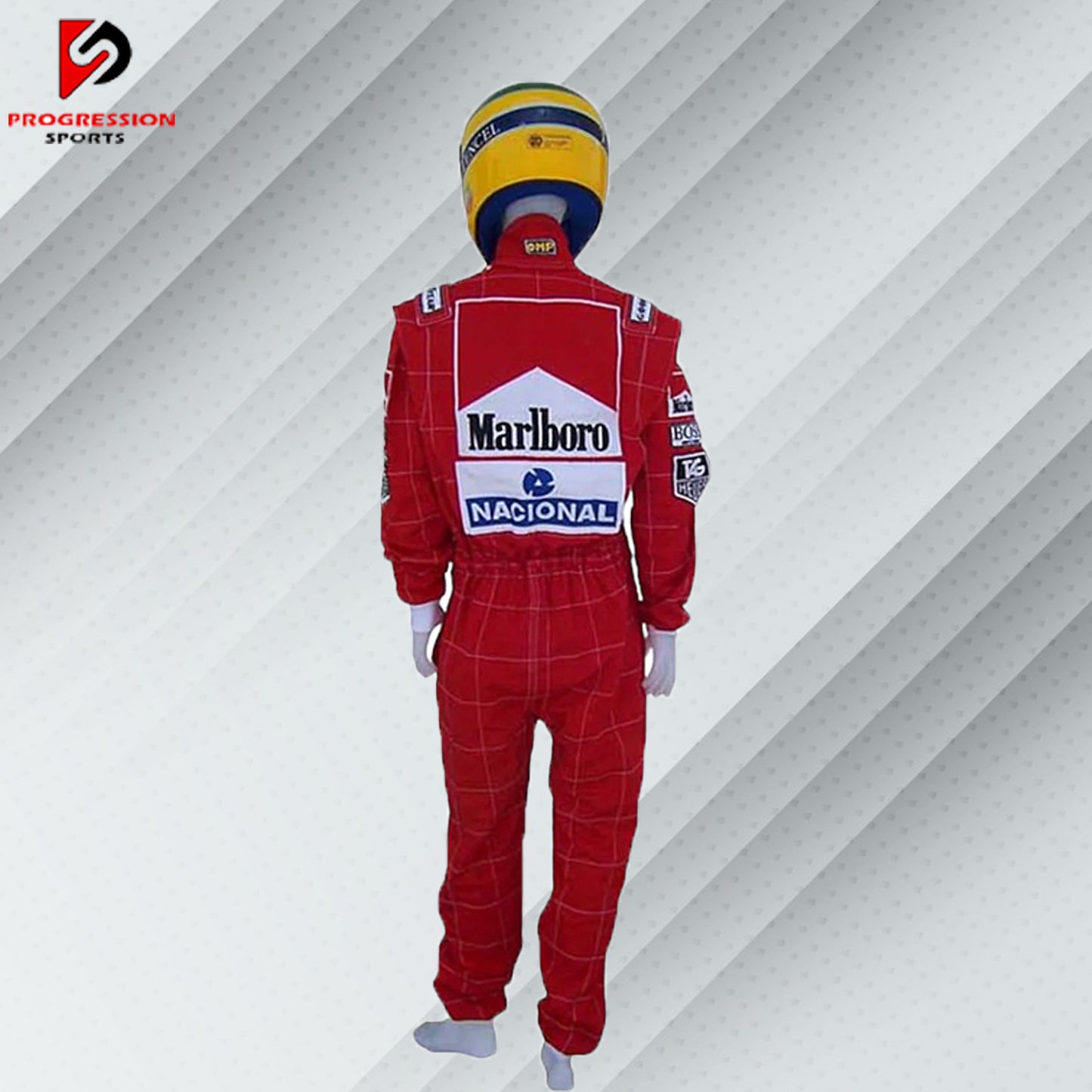 1991 Ayrton Senna McLaren Formula 1 race suit in red with sponsor logos including Marlboro and Honda
