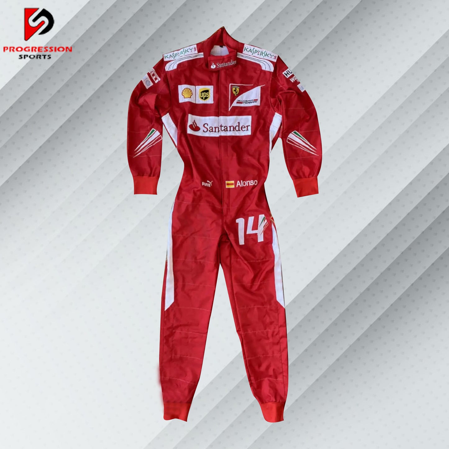 2014 Fernando Alonso Ferrari F1 race suit in red with Shell, Santander, and Ferrari logos