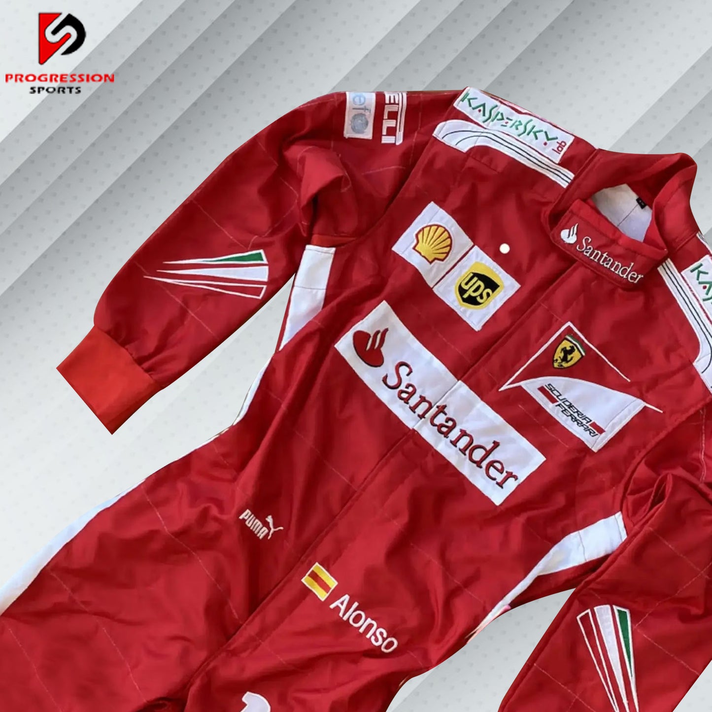 2014 Fernando Alonso Ferrari F1 race suit in red with Shell, Santander, and Ferrari logos