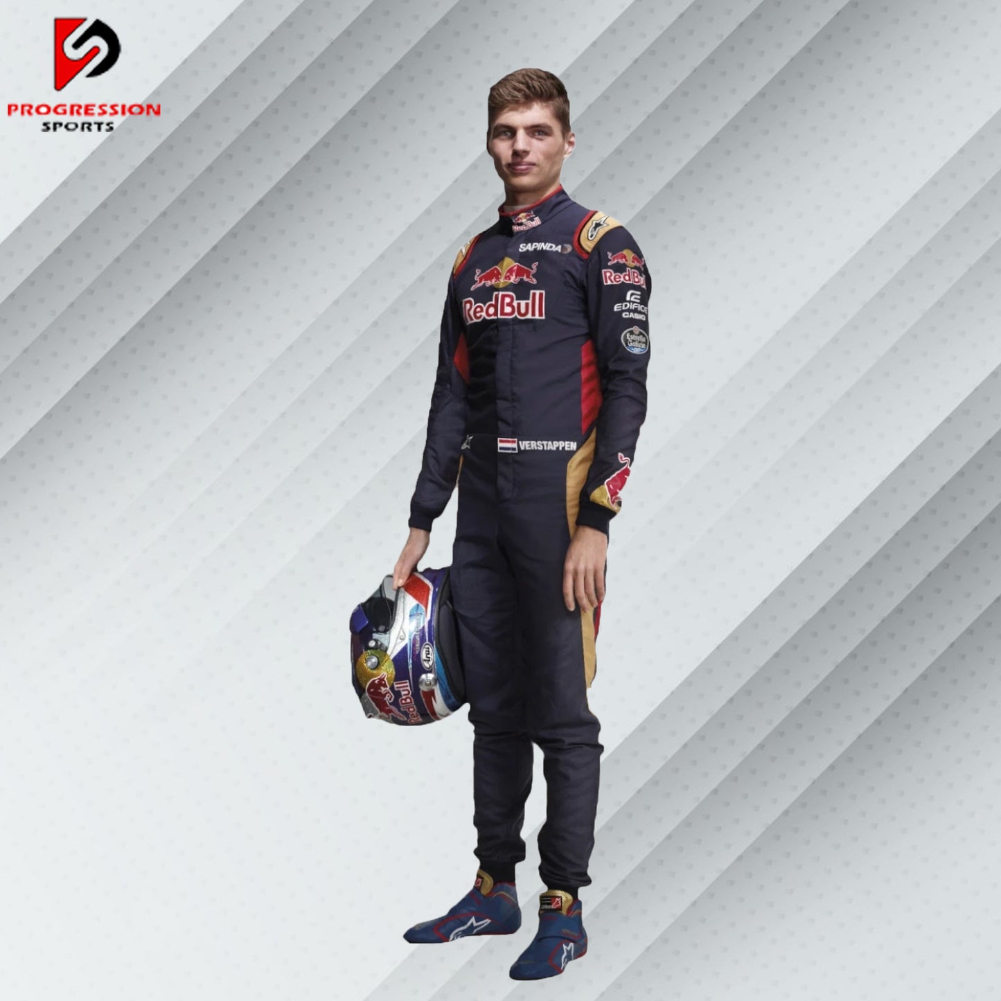 2015 Max Verstappen Red Bull Racing Formula 1 suit featuring the iconic navy blue design with red and yellow accents, adorned with sponsor logos such as Red Bull, Mobil 1, Honda, and Puma.