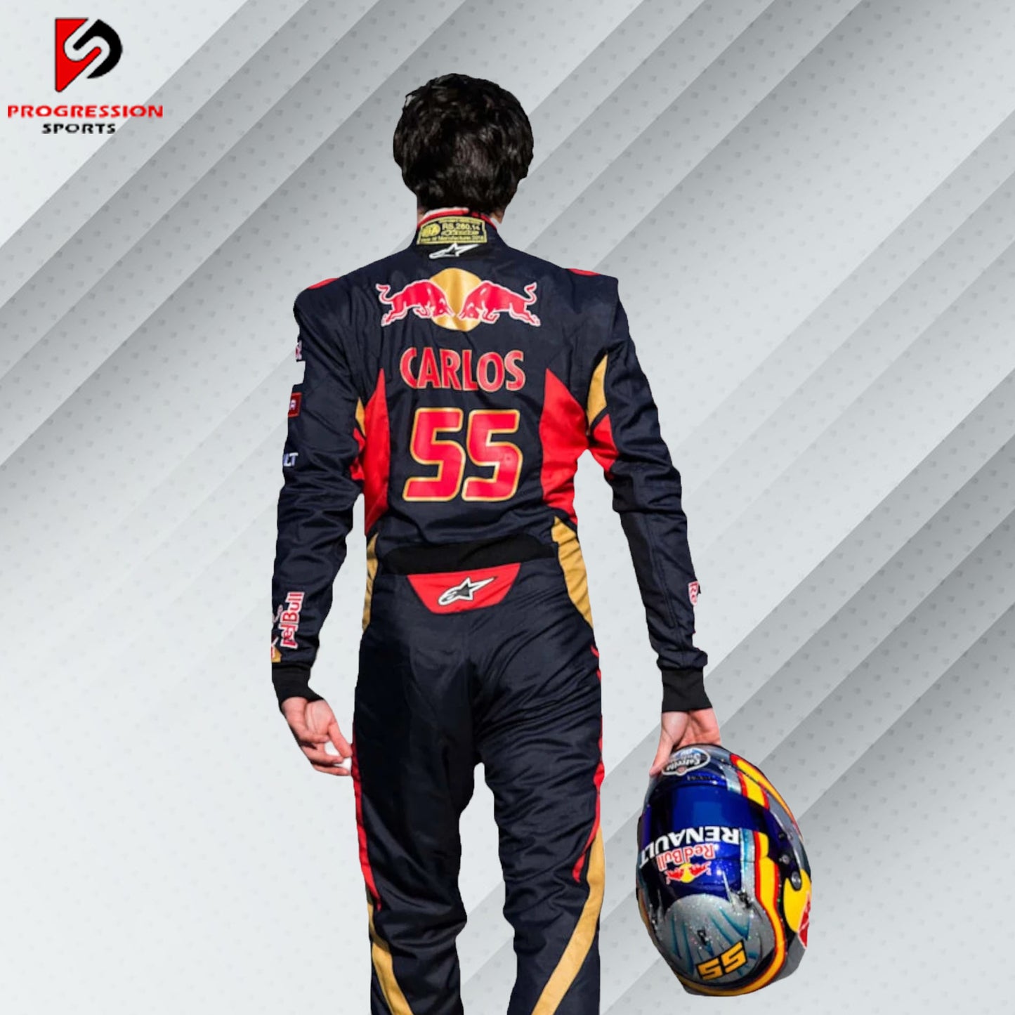 2015 Max Verstappen Red Bull Racing Formula 1 suit featuring the iconic navy blue design with red and yellow accents, adorned with sponsor logos such as Red Bull, Mobil 1, Honda, and Puma.
