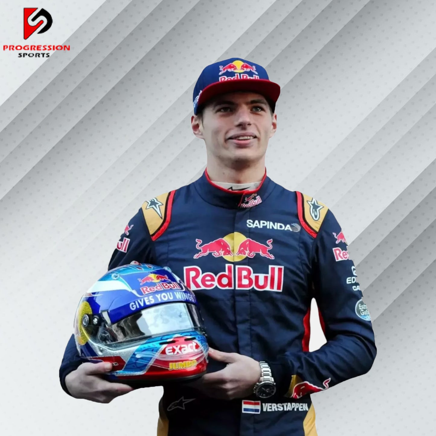 2015 Max Verstappen Red Bull Racing Formula 1 suit featuring the iconic navy blue design with red and yellow accents, adorned with sponsor logos such as Red Bull, Mobil 1, Honda, and Puma.
