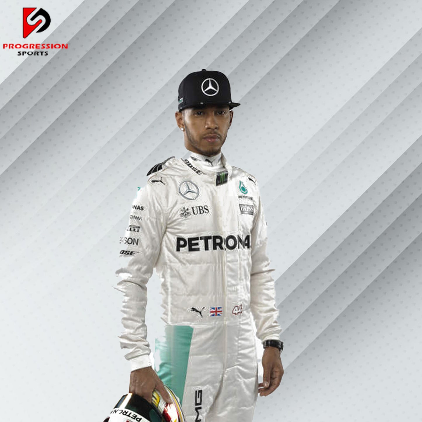 2016 Lewis Hamilton Mercedes F1 race suit in white with Petronas, Mercedes-Benz, and Puma sponsor logos