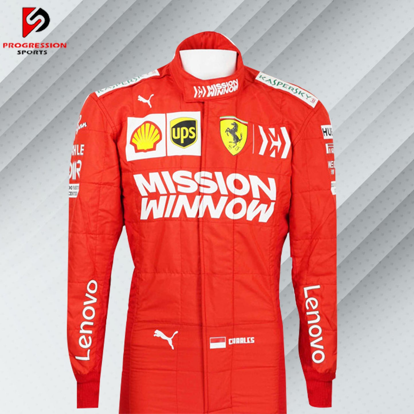 2019 Charles Leclerc Ferrari F1 race suit in red with sponsor logos like Shell, UPS, and Kaspersky
