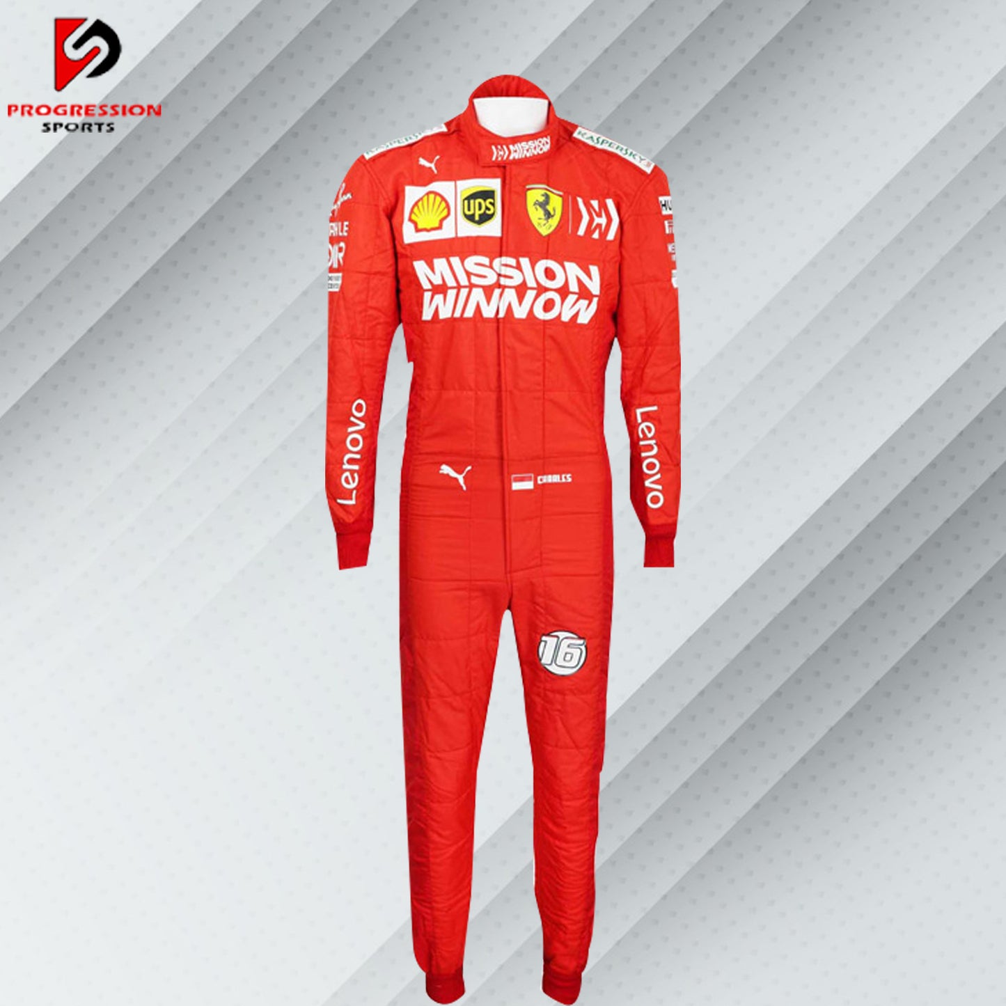 2019 Charles Leclerc Ferrari F1 race suit in red with sponsor logos like Shell, UPS, and Kaspersky