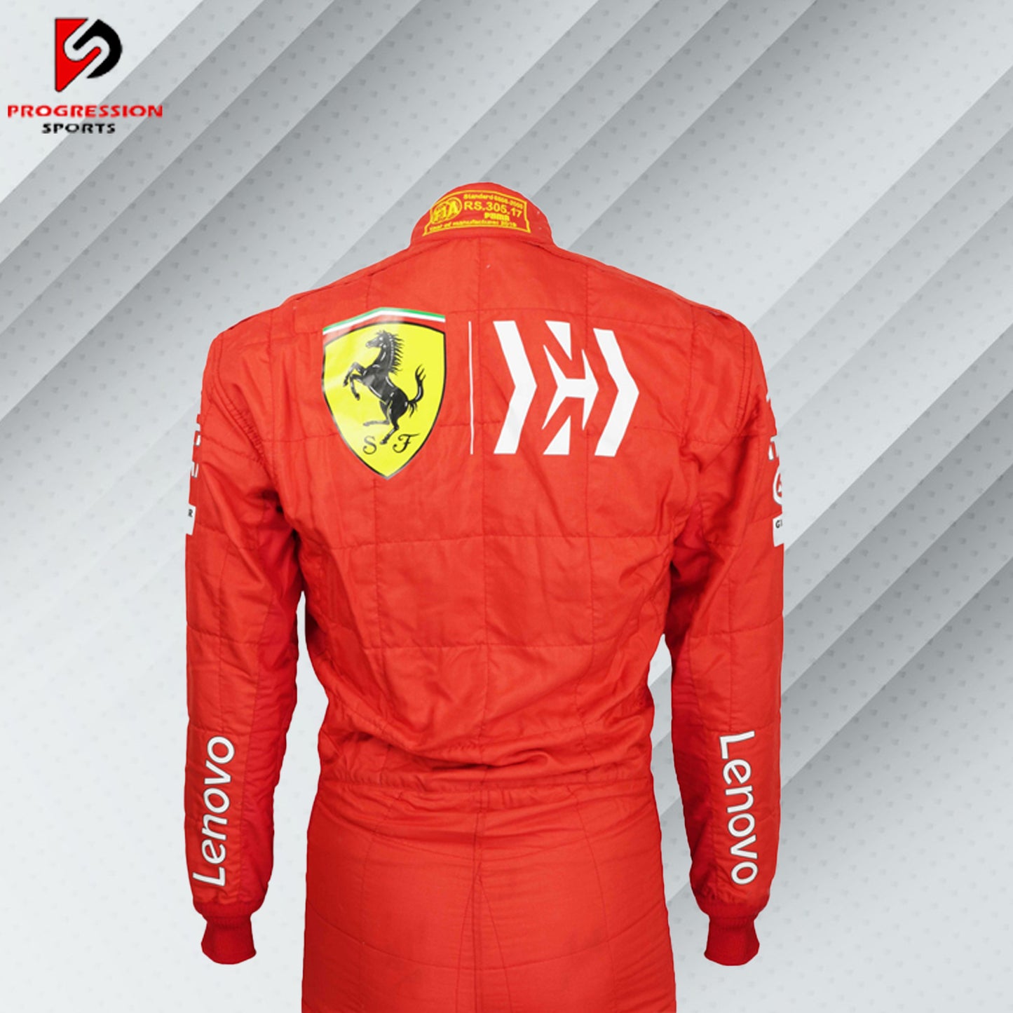 2019 Charles Leclerc Ferrari F1 race suit in red with sponsor logos like Shell, UPS, and Kaspersky