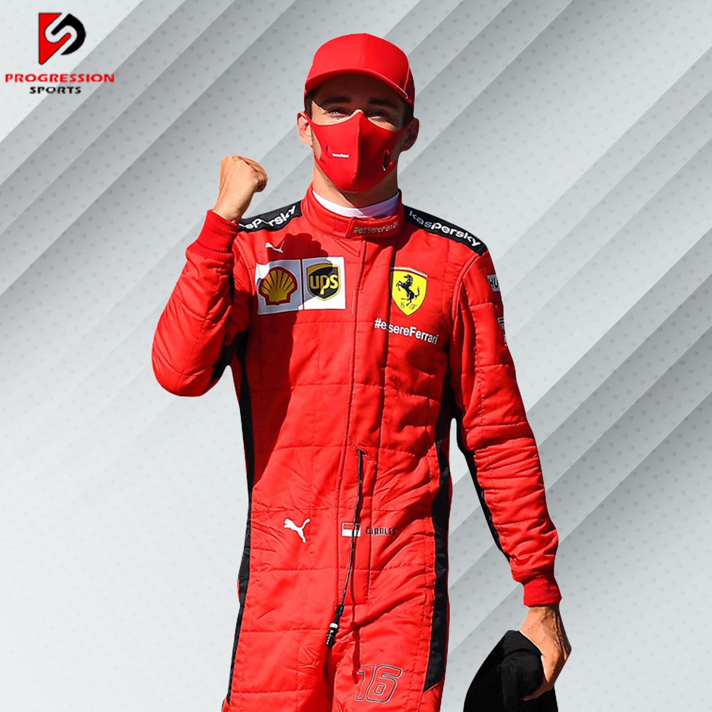 2020 Charles Leclerc Ferrari F1 race suit in red with Mission Winnow, Shell, and UPS sponsor logos