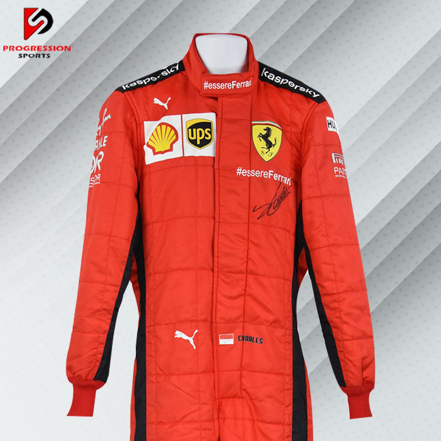 2020 Charles Leclerc Ferrari F1 race suit in red with Mission Winnow, Shell, and UPS sponsor logos