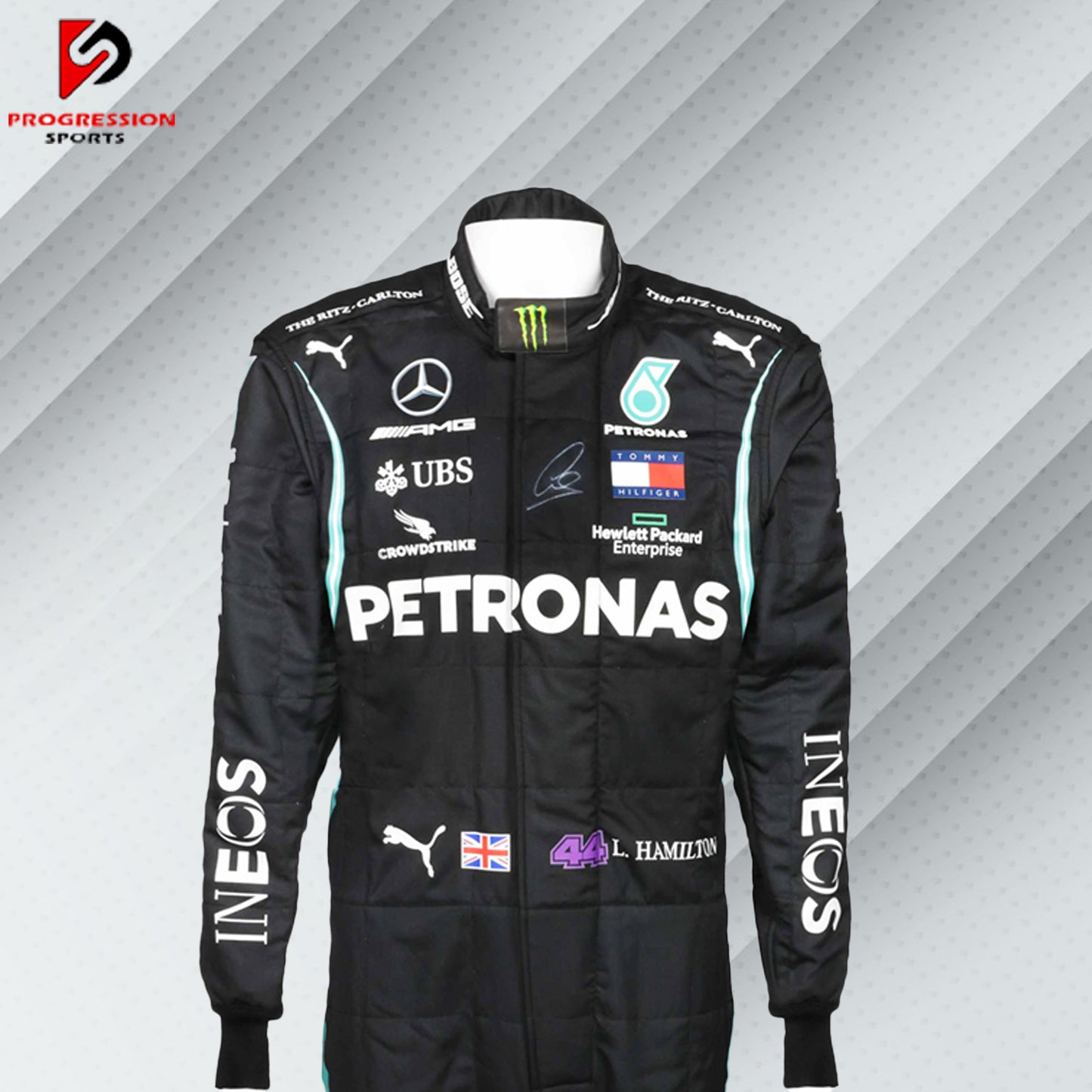 2020 Lewis Hamilton Mercedes F1 race suit in all-black design with Petronas, Mercedes, Tommy Hilfiger, and AMG sponsor logos