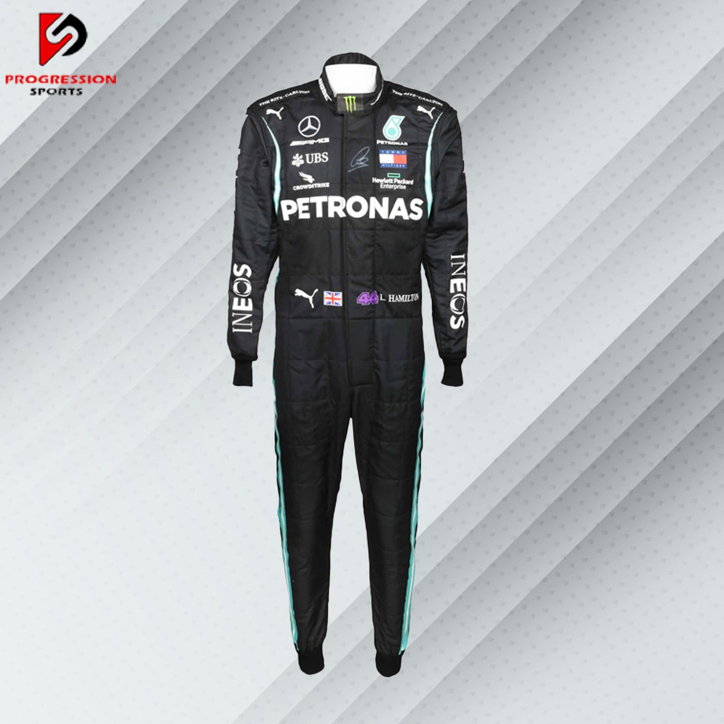 2020 Lewis Hamilton Mercedes F1 race suit in all-black design with Petronas, Mercedes, Tommy Hilfiger, and AMG sponsor logos