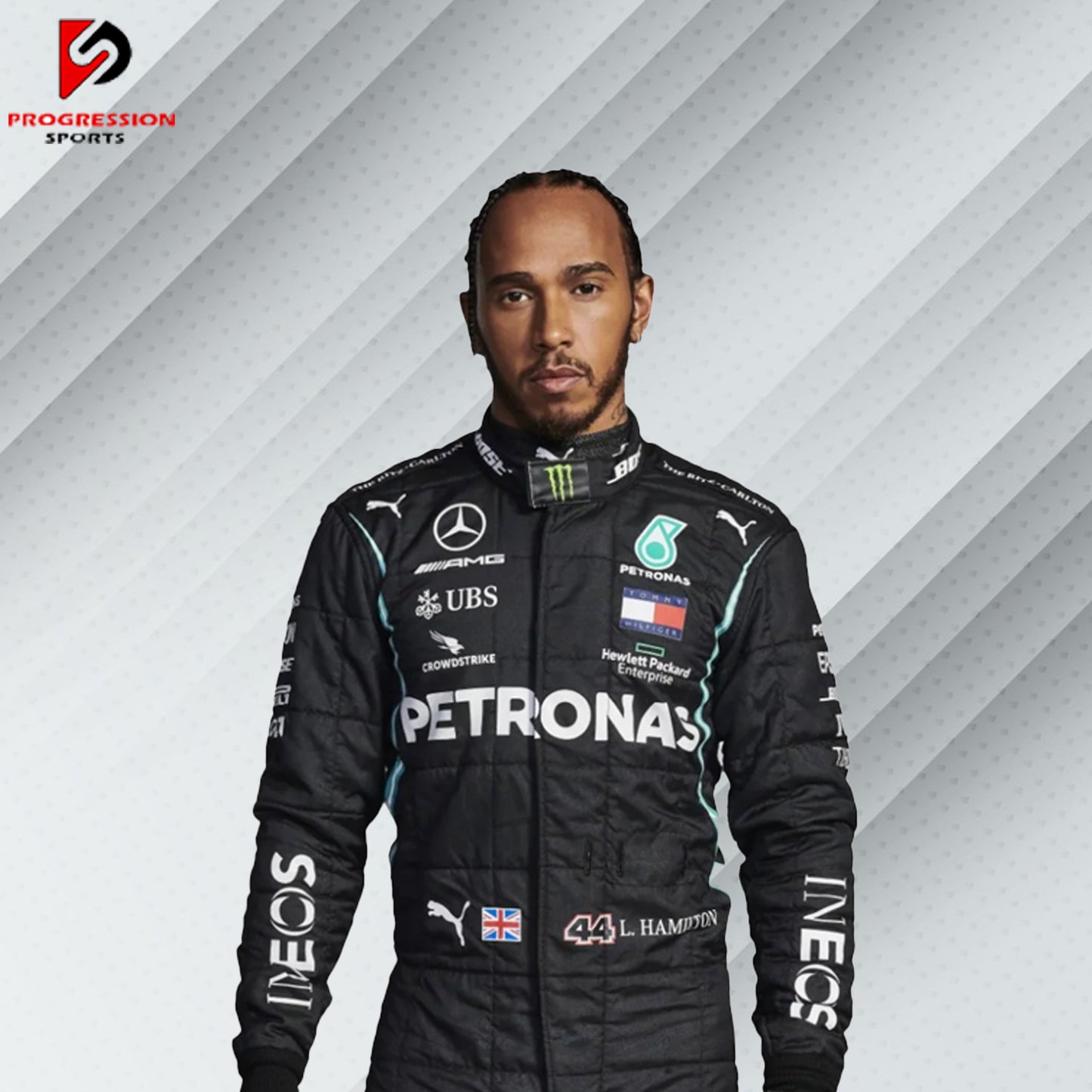 2021 Lewis Hamilton Mercedes F1 race suit in black with Petronas, AMG, Tommy Hilfiger, and Mercedes-Benz sponsor logos