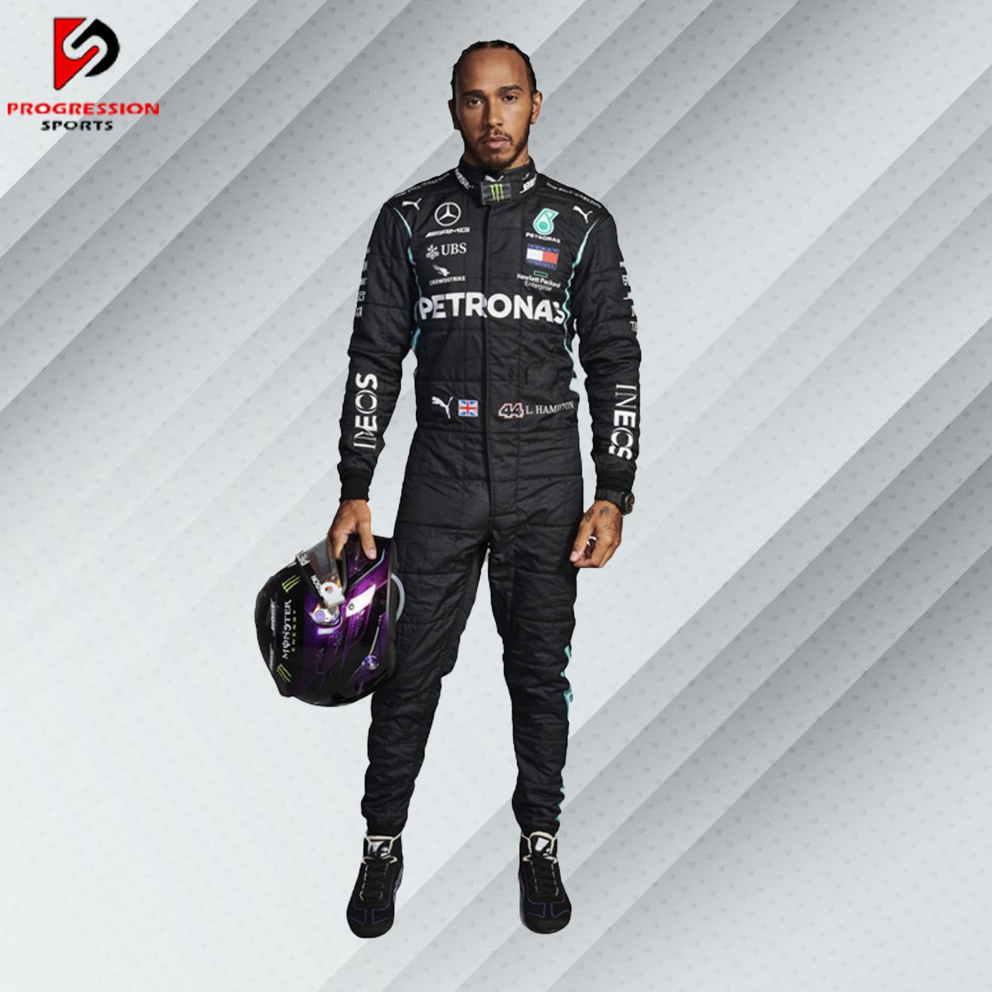 2021 Lewis Hamilton Mercedes F1 race suit in black with Petronas, AMG, Tommy Hilfiger, and Mercedes-Benz sponsor logos