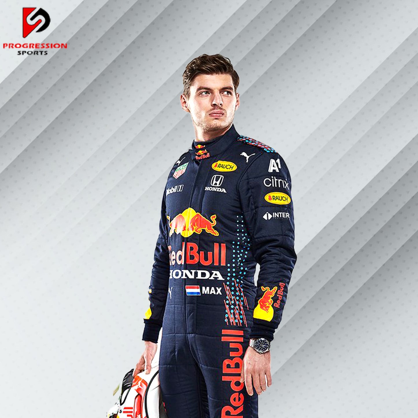 2021 Max Verstappen Red Bull Racing Formula 1 suit featuring the iconic navy blue design with red and yellow accents, adorned with sponsor logos such as Red Bull, Mobil 1, Honda, and Puma.