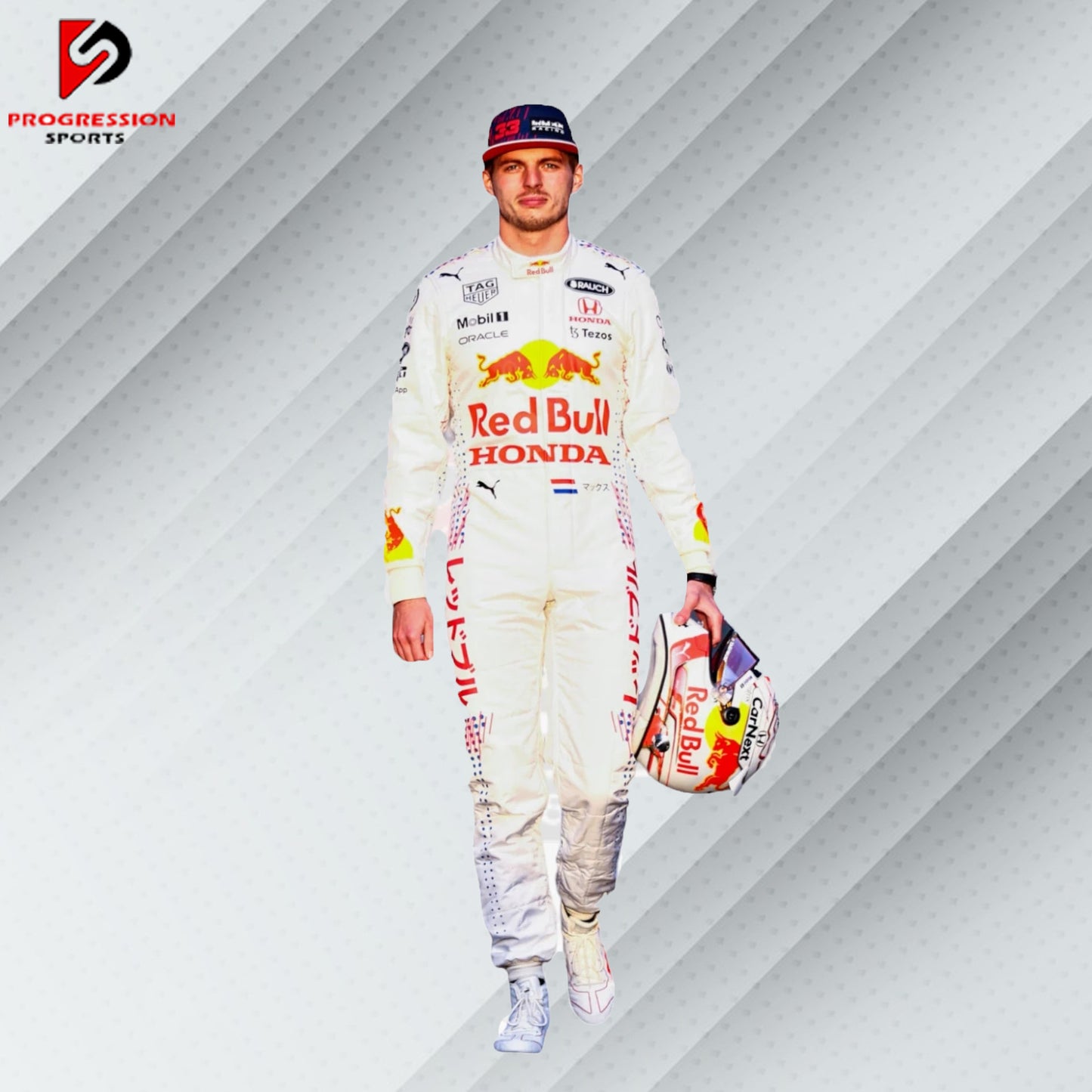 Max Verstappen Red Bull Racing Formula 1 suit featuring the iconic navy blue design with red and yellow accents, adorned with sponsor logos such as Red Bull, Mobil 1, Honda, and Puma.
