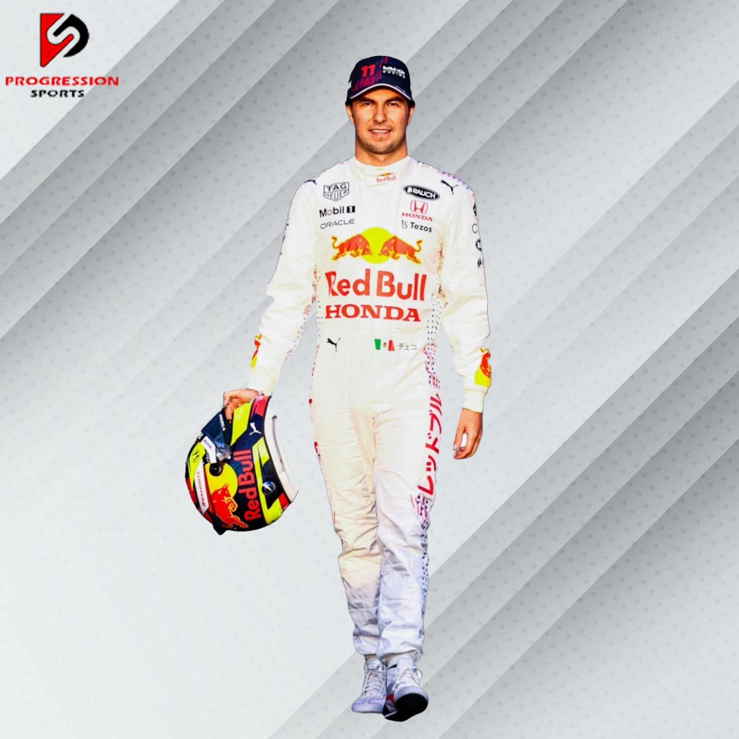 Max Verstappen Red Bull Racing Formula 1 suit featuring the iconic navy blue design with red and yellow accents, adorned with sponsor logos such as Red Bull, Mobil 1, Honda, and Puma.