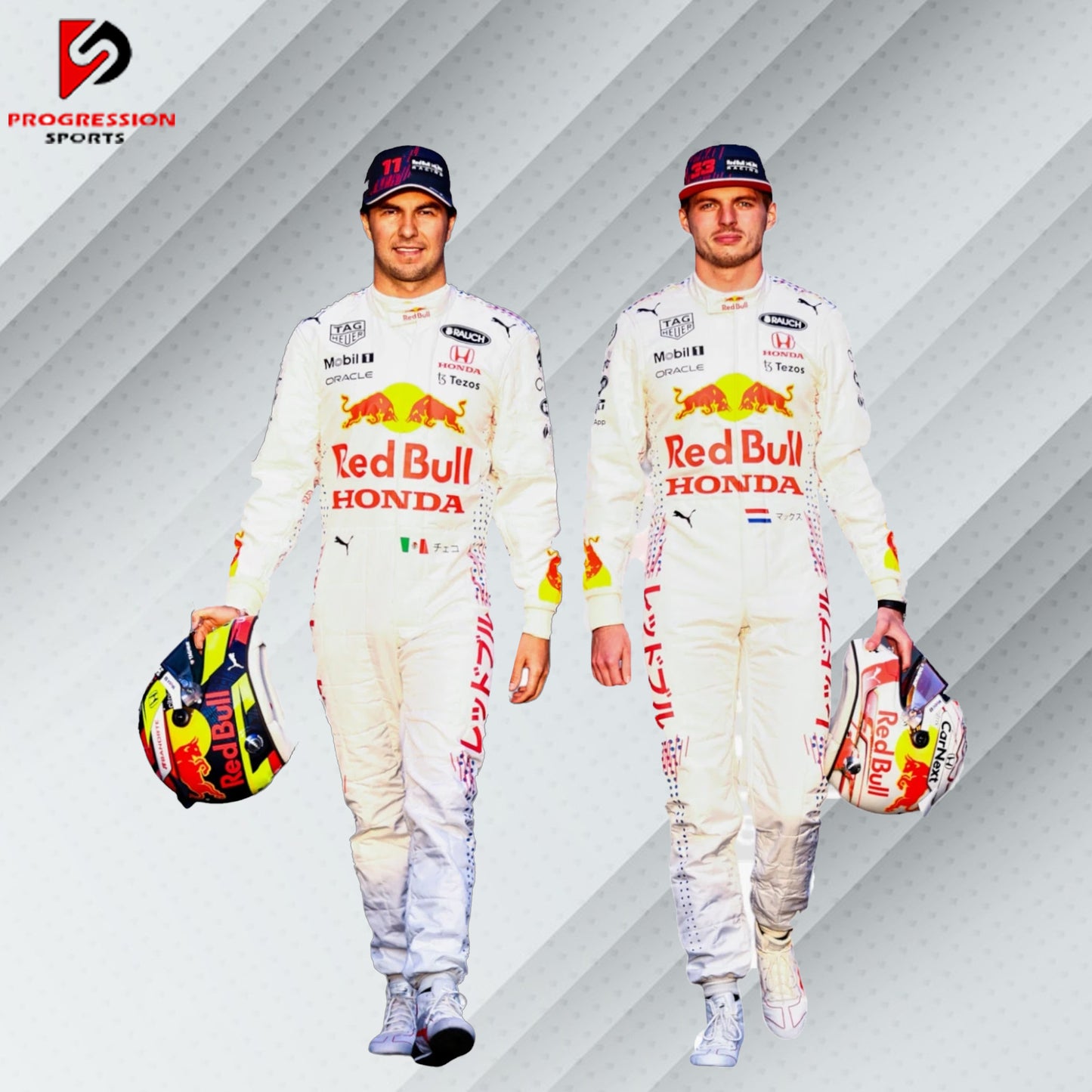Max Verstappen Red Bull Racing Formula 1 suit featuring the iconic navy blue design with red and yellow accents, adorned with sponsor logos such as Red Bull, Mobil 1, Honda, and Puma.
