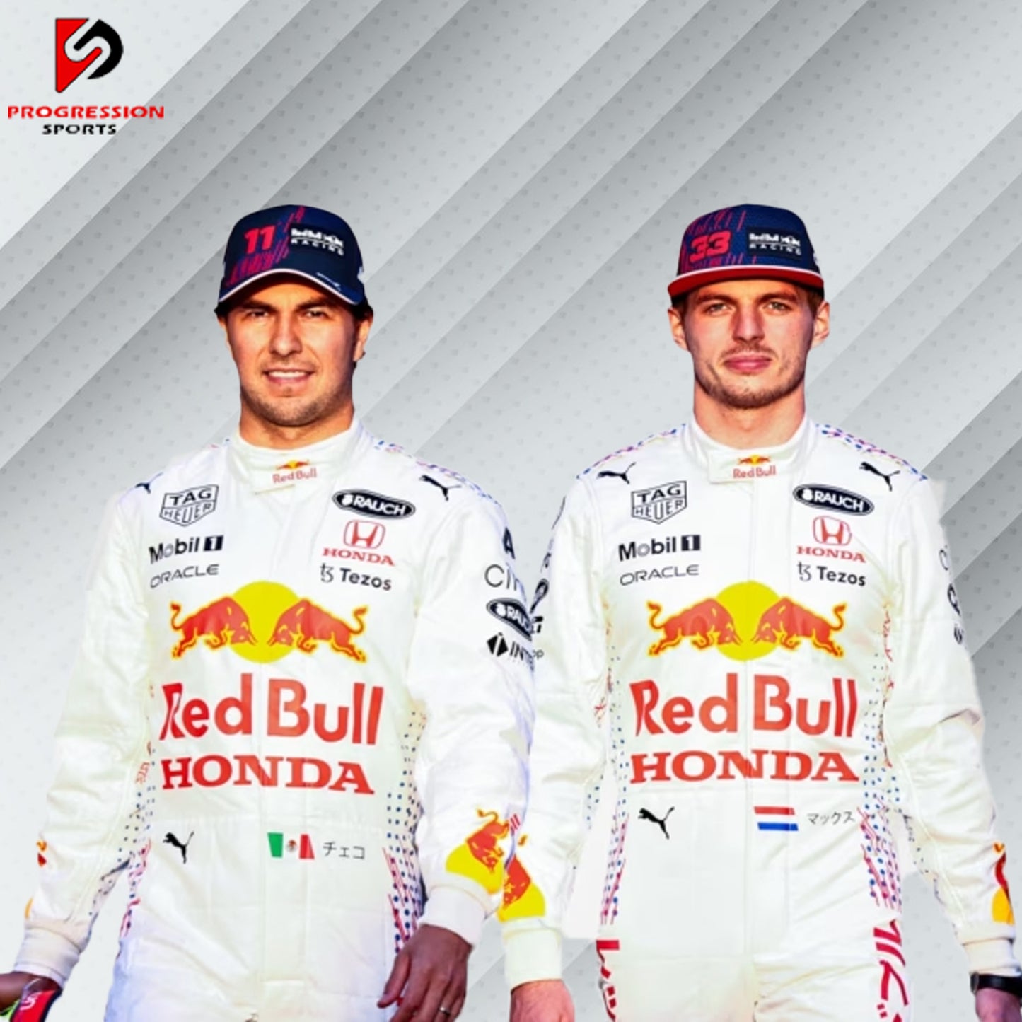 Max Verstappen Red Bull Racing Formula 1 suit featuring the iconic navy blue design with red and yellow accents, adorned with sponsor logos such as Red Bull, Mobil 1, Honda, and Puma.