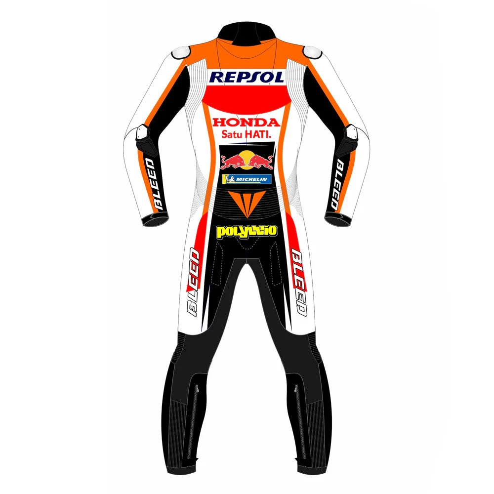 2021 Pol Espargaro MotoGP leather racing suit front view orange white red Repsol Honda graphics