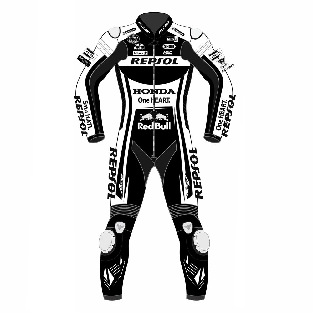 2022 Aleix Espargaro MotoGP leather racing suit front view white black Repsol graphics