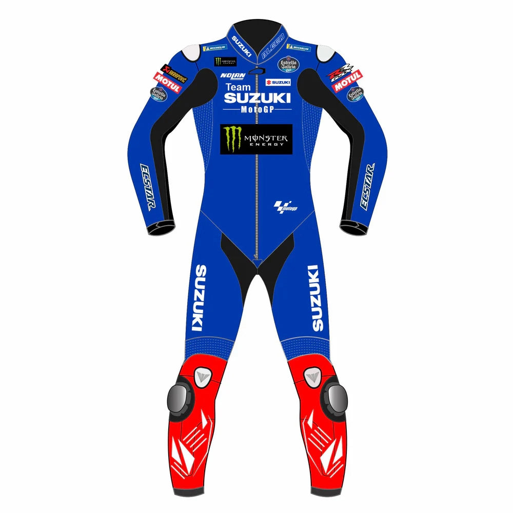 2022 Alex Rins MotoGP leather racing suit front view blue red Suzuki Ecstar graphics