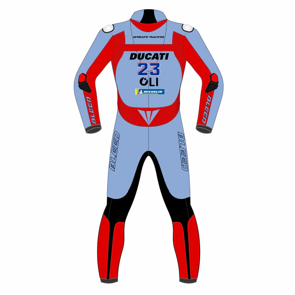 2022 Enea Bastianini MotoGP leather racing suit front view powder blue red Gresini Ducati graphics