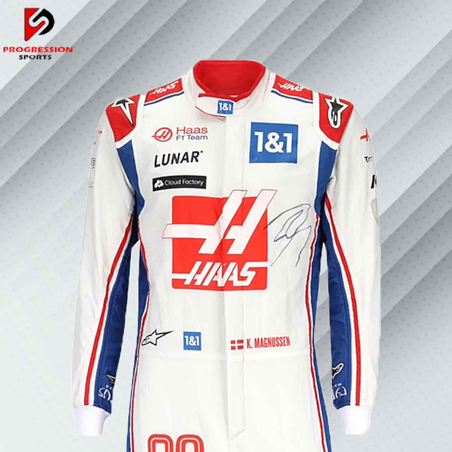2022 Kevin Magnussen Haas F1 race suit in white with red and black detailing and official team sponsor logos