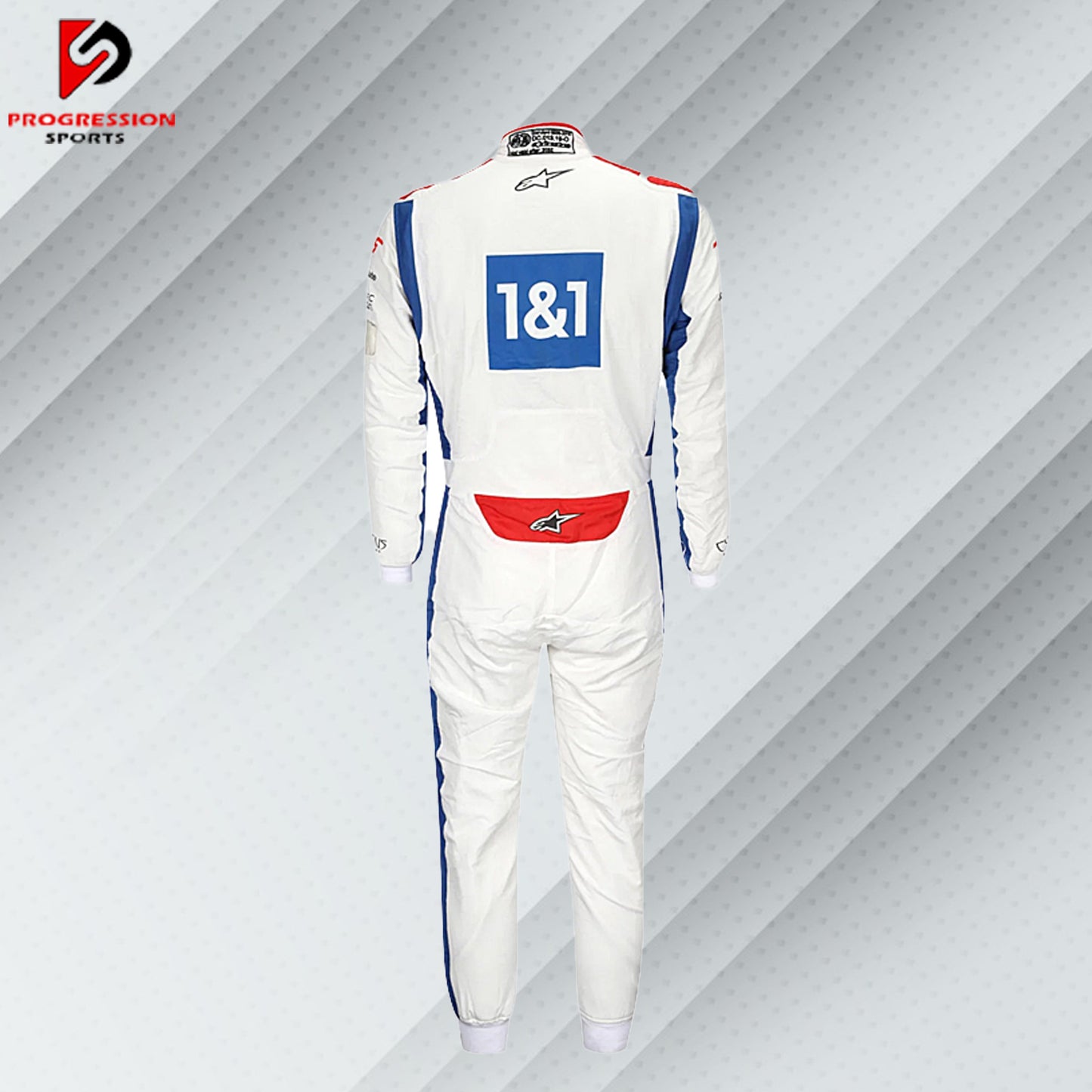 2022 Kevin Magnussen Haas F1 race suit in white with red and black detailing and official team sponsor logos