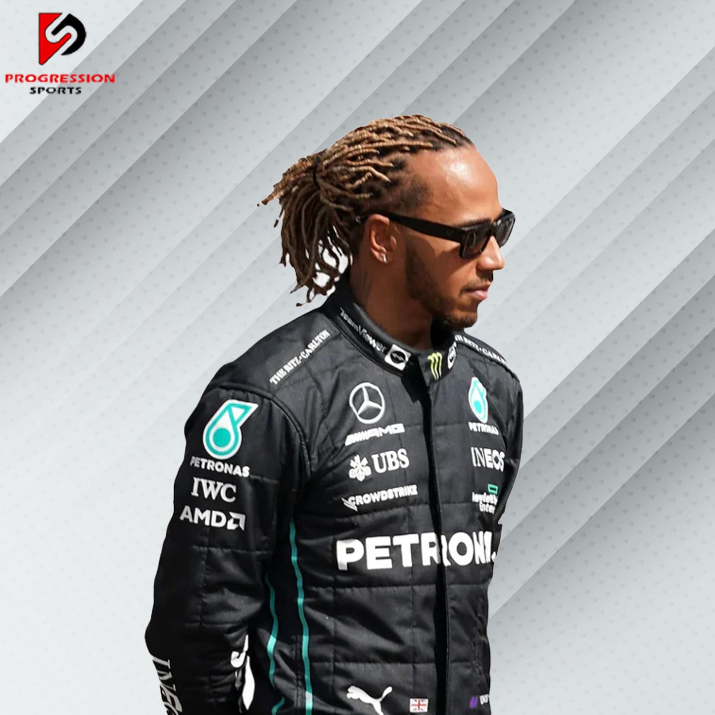 2022 Lewis Hamilton Mercedes F1 race suit in black with Petronas, Tommy Hilfiger, AMG, and Mercedes-Benz sponsor logos