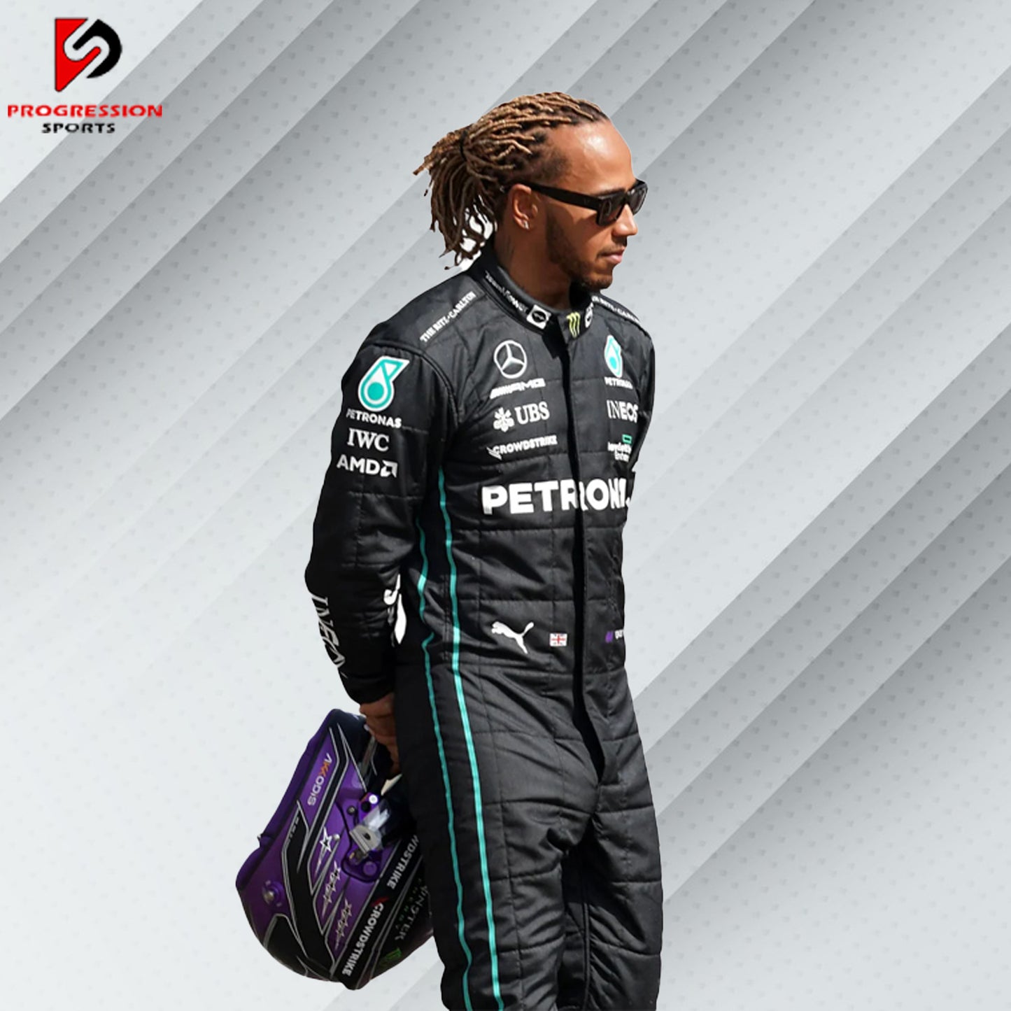 2022 Lewis Hamilton Mercedes F1 race suit in black with Petronas, Tommy Hilfiger, AMG, and Mercedes-Benz sponsor logos