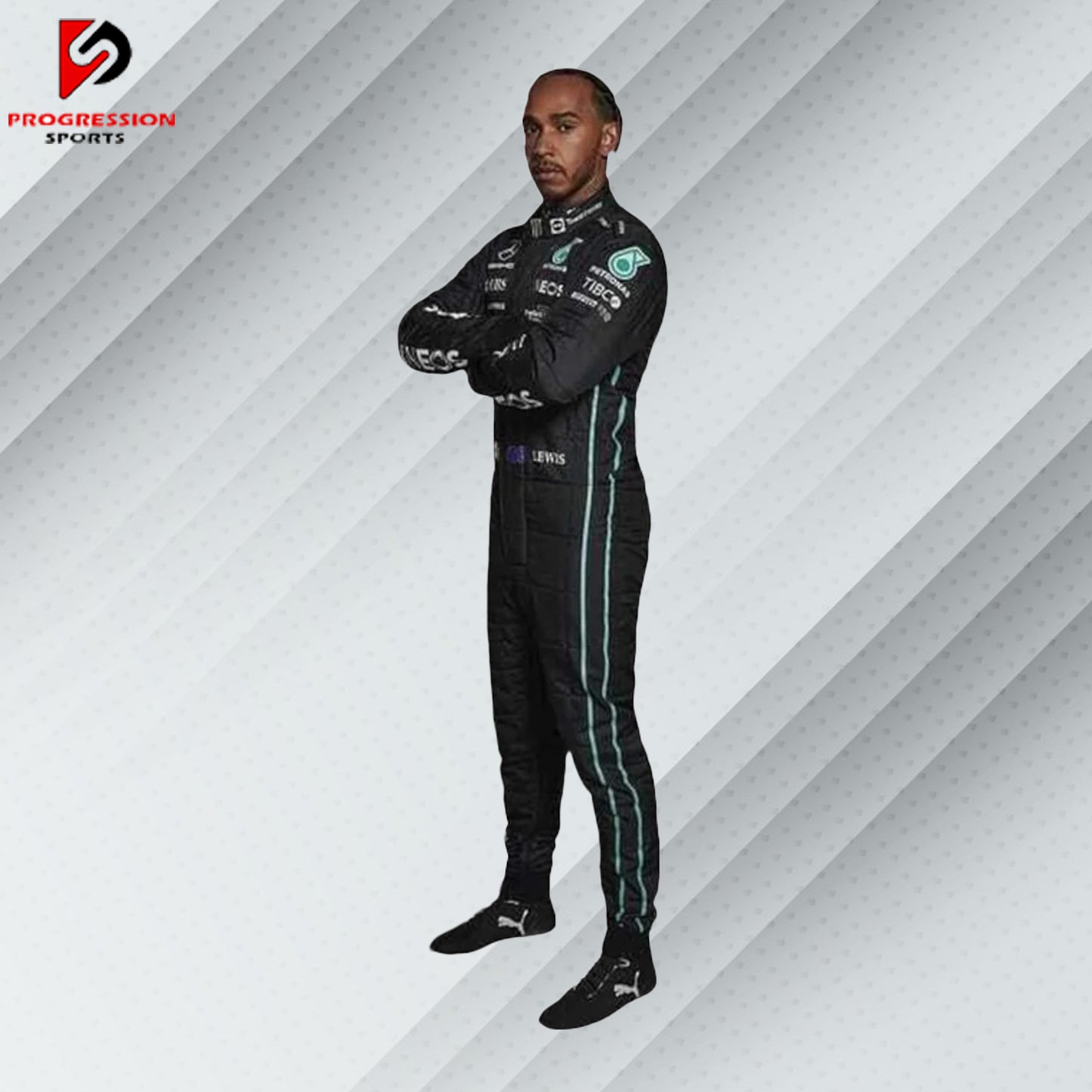 2022 Lewis Hamilton Mercedes F1 race suit in black with Petronas, Tommy Hilfiger, AMG, and Mercedes-Benz sponsor logos
