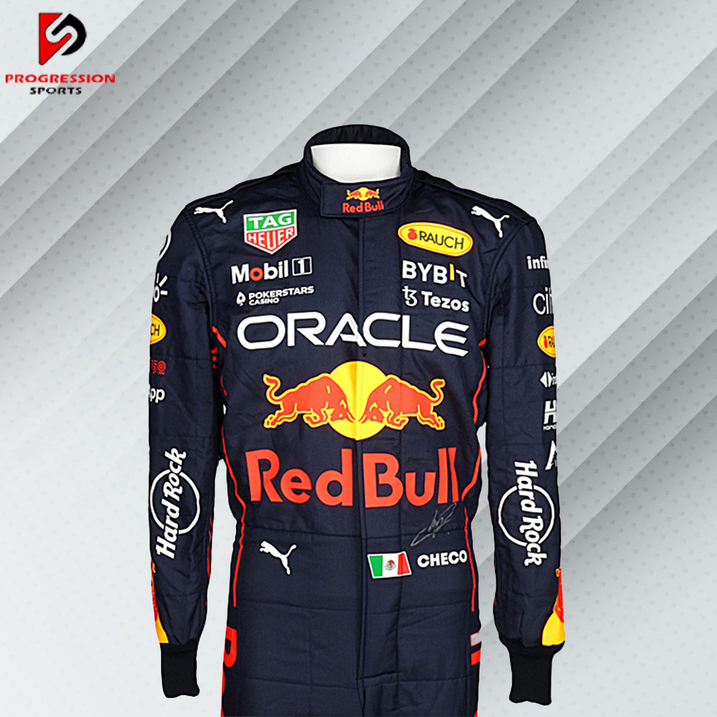 2022 Sergio Perez Red Bull Racing Formula 1 suit featuring the iconic navy blue design with red and yellow accents, adorned with sponsor logos such as Red Bull, Mobil 1, Honda, and Puma.