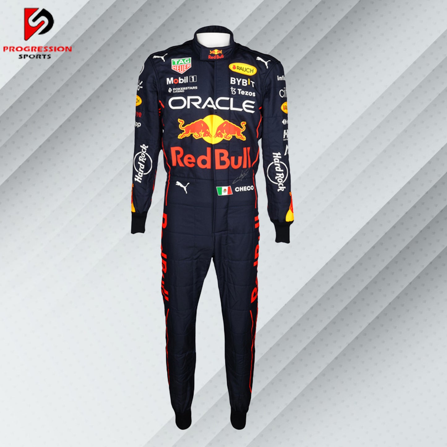 2022 Sergio Perez Red Bull Racing Formula 1 suit featuring the iconic navy blue design with red and yellow accents, adorned with sponsor logos such as Red Bull, Mobil 1, Honda, and Puma.