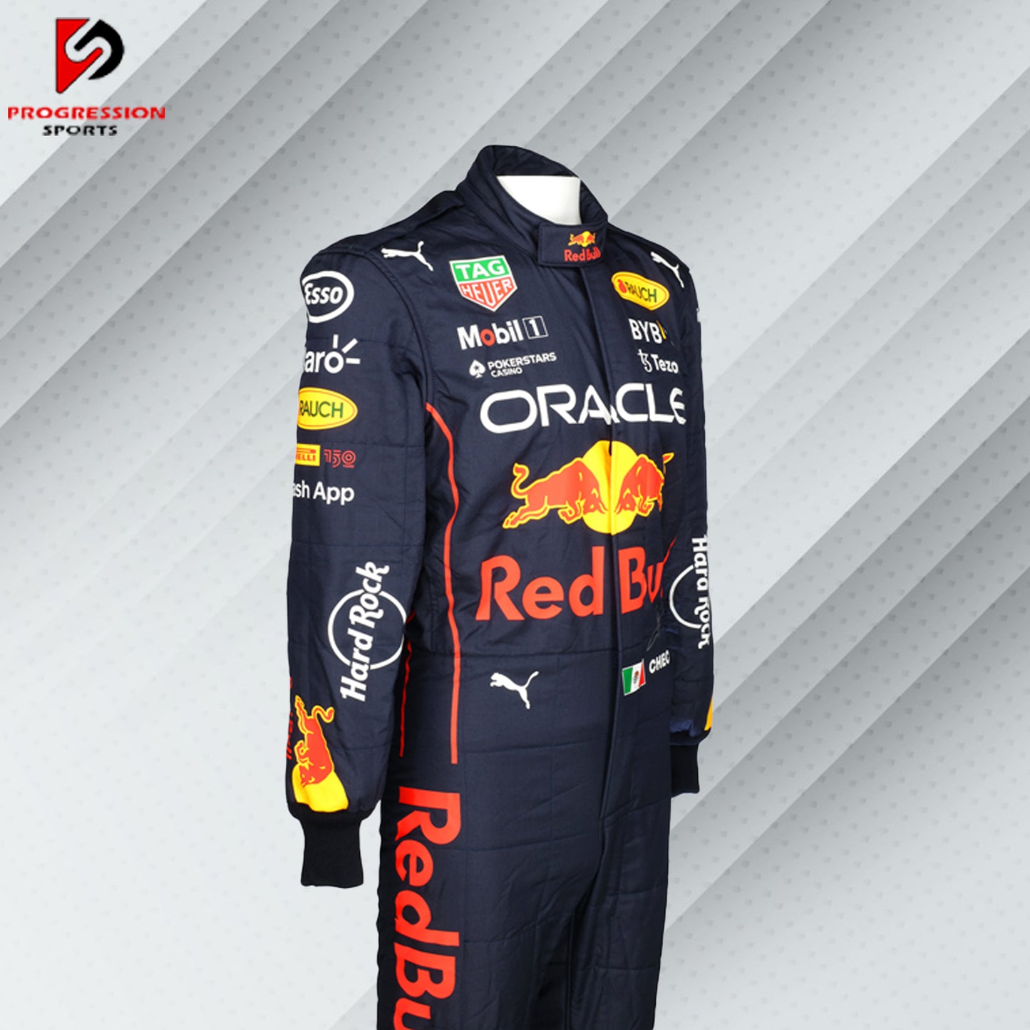 2022 Sergio Perez Red Bull Racing Formula 1 suit featuring the iconic navy blue design with red and yellow accents, adorned with sponsor logos such as Red Bull, Mobil 1, Honda, and Puma.