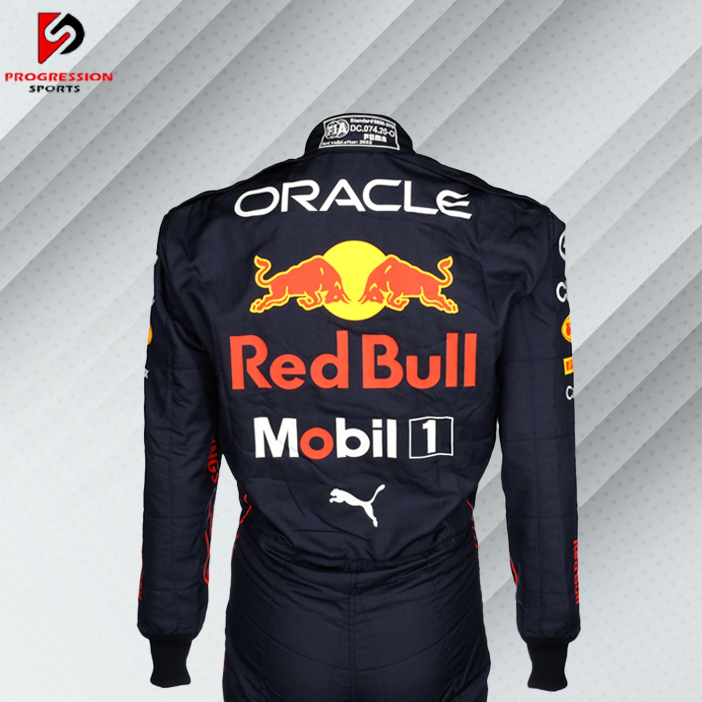 2022 Sergio Perez Red Bull Racing Formula 1 suit featuring the iconic navy blue design with red and yellow accents, adorned with sponsor logos such as Red Bull, Mobil 1, Honda, and Puma.
