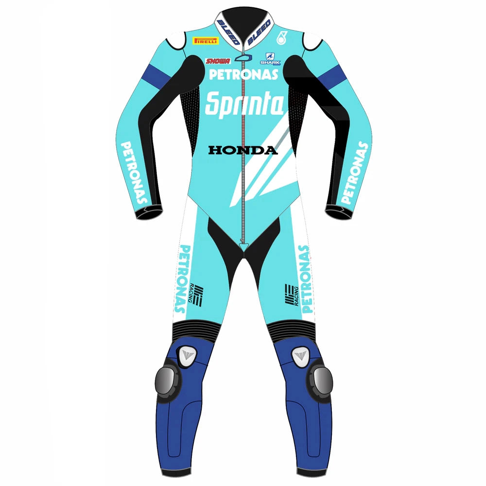 2023 Eric Granado WorldSBK leather racing suit front view turquoise blue Petronas MIE Honda graphics