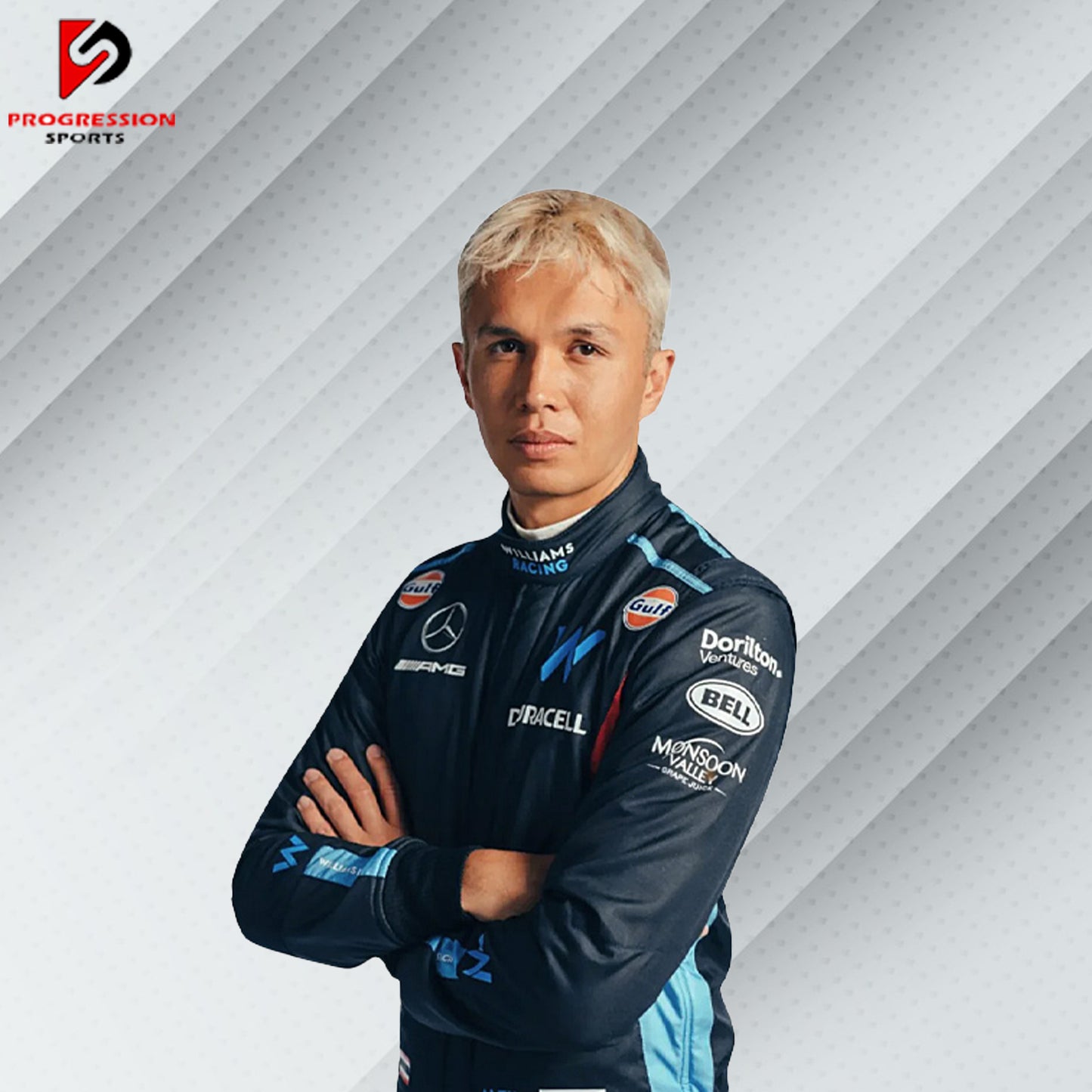 2023 Alexander Albon Williams F1 race suit in dark blue with Duracell, Williams Racing, and Gulf sponsor logos