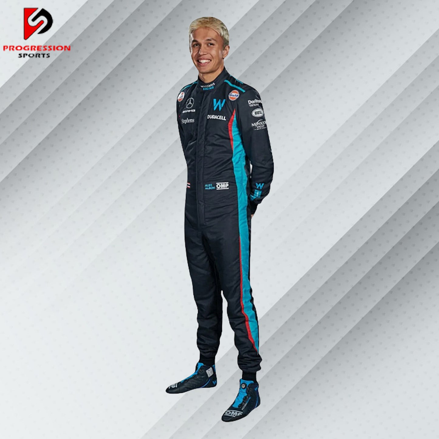 2023 Alexander Albon Williams F1 race suit in dark blue with Duracell, Williams Racing, and Gulf sponsor logos
