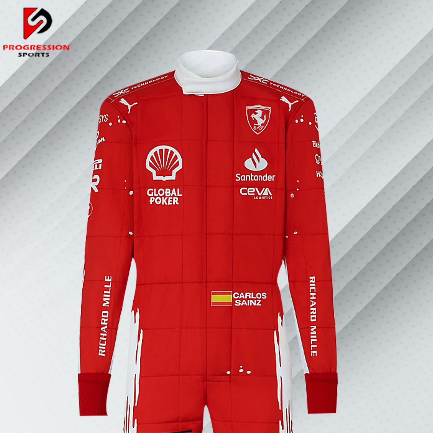 2023 Carlos Sainz Ferrari F1 Las Vegas GP special edition race suit in unique red and white livery with sponsor logos