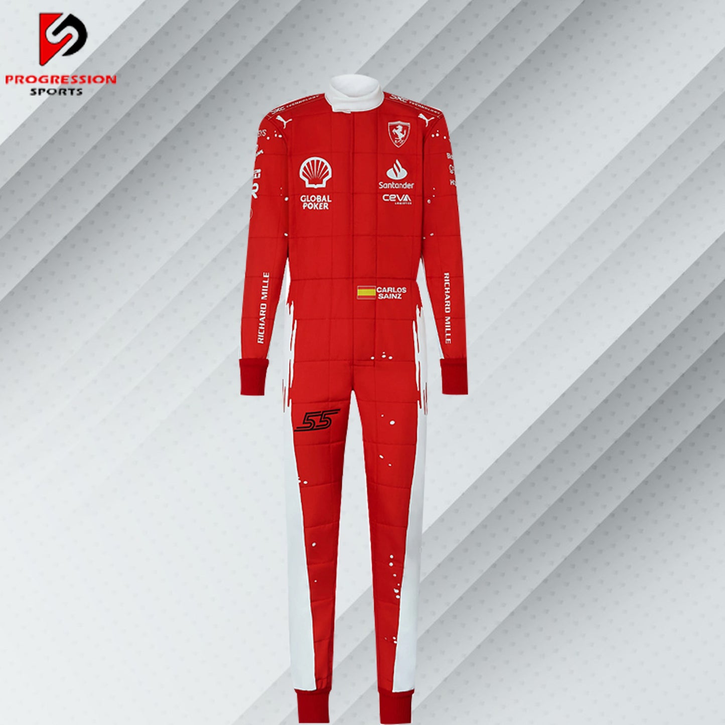 2023 Carlos Sainz Ferrari F1 Las Vegas GP special edition race suit in unique red and white livery with sponsor logos