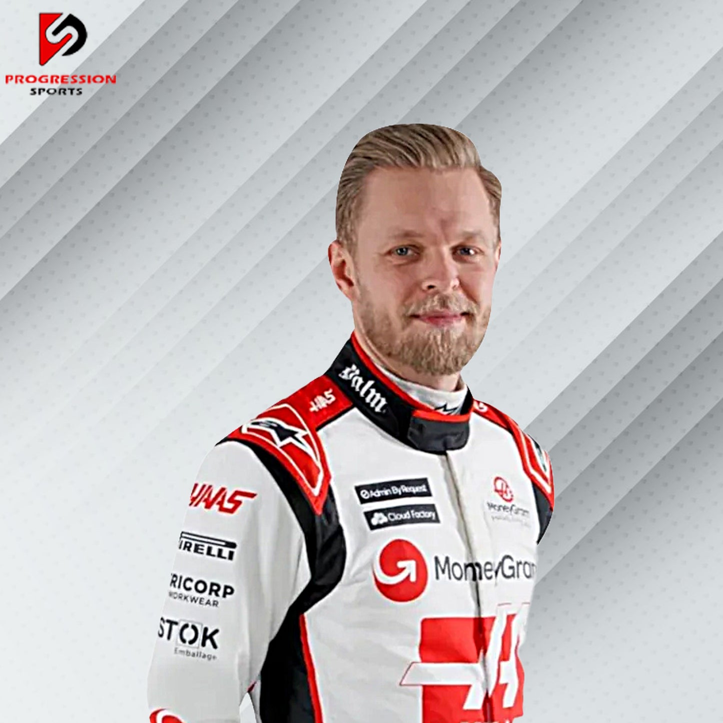 2023 Kevin Magnussen Haas F1 race suit in white with red accents and official sponsor logos including MoneyGram and Haas Automation