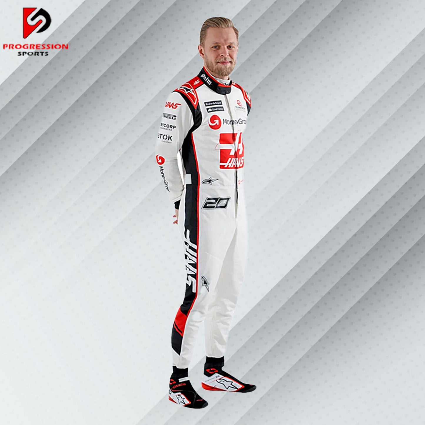 2023 Kevin Magnussen Haas F1 race suit in white with red accents and official sponsor logos including MoneyGram and Haas Automation
