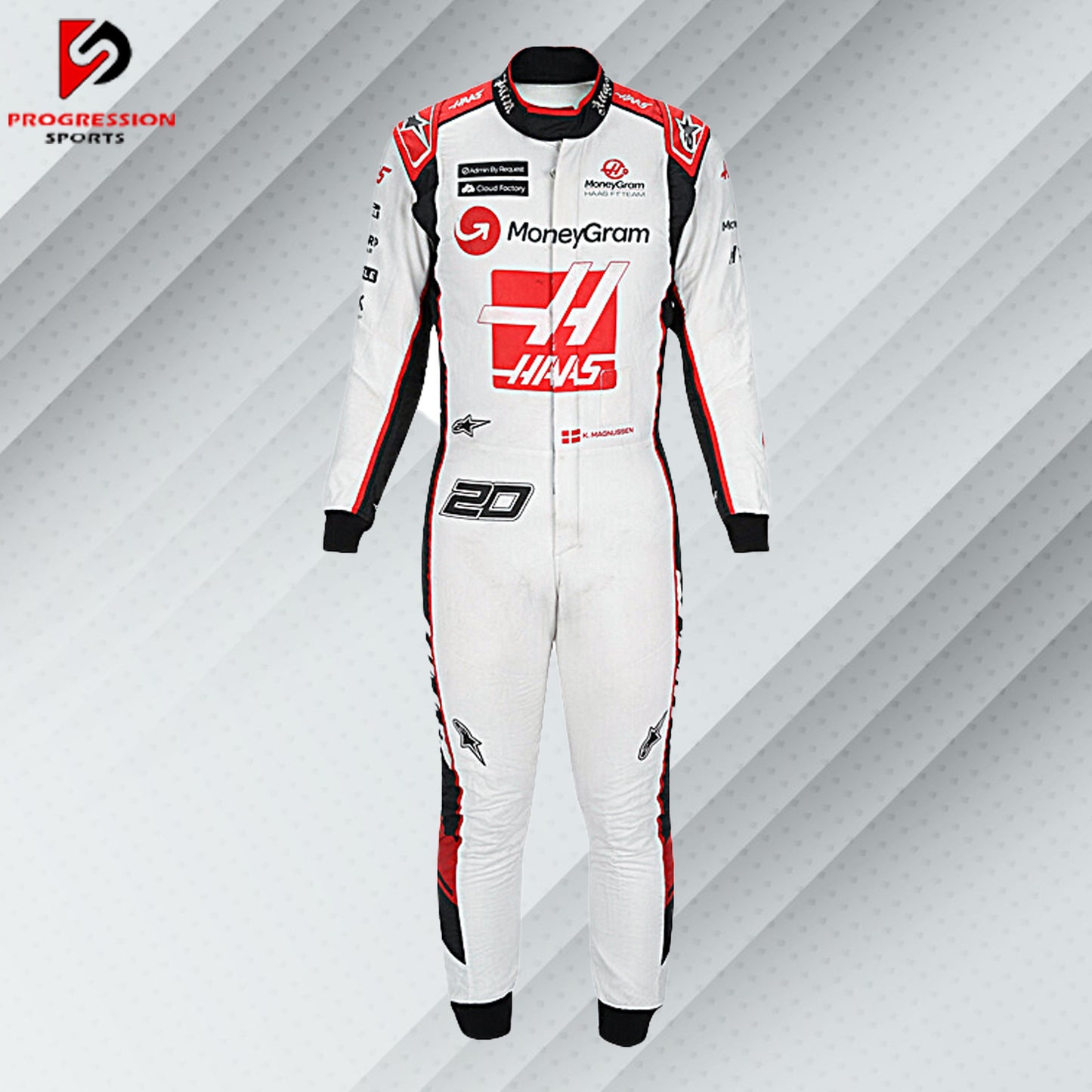 2023 Kevin Magnussen Haas F1 race suit in white with red accents and official sponsor logos including MoneyGram and Haas Automation