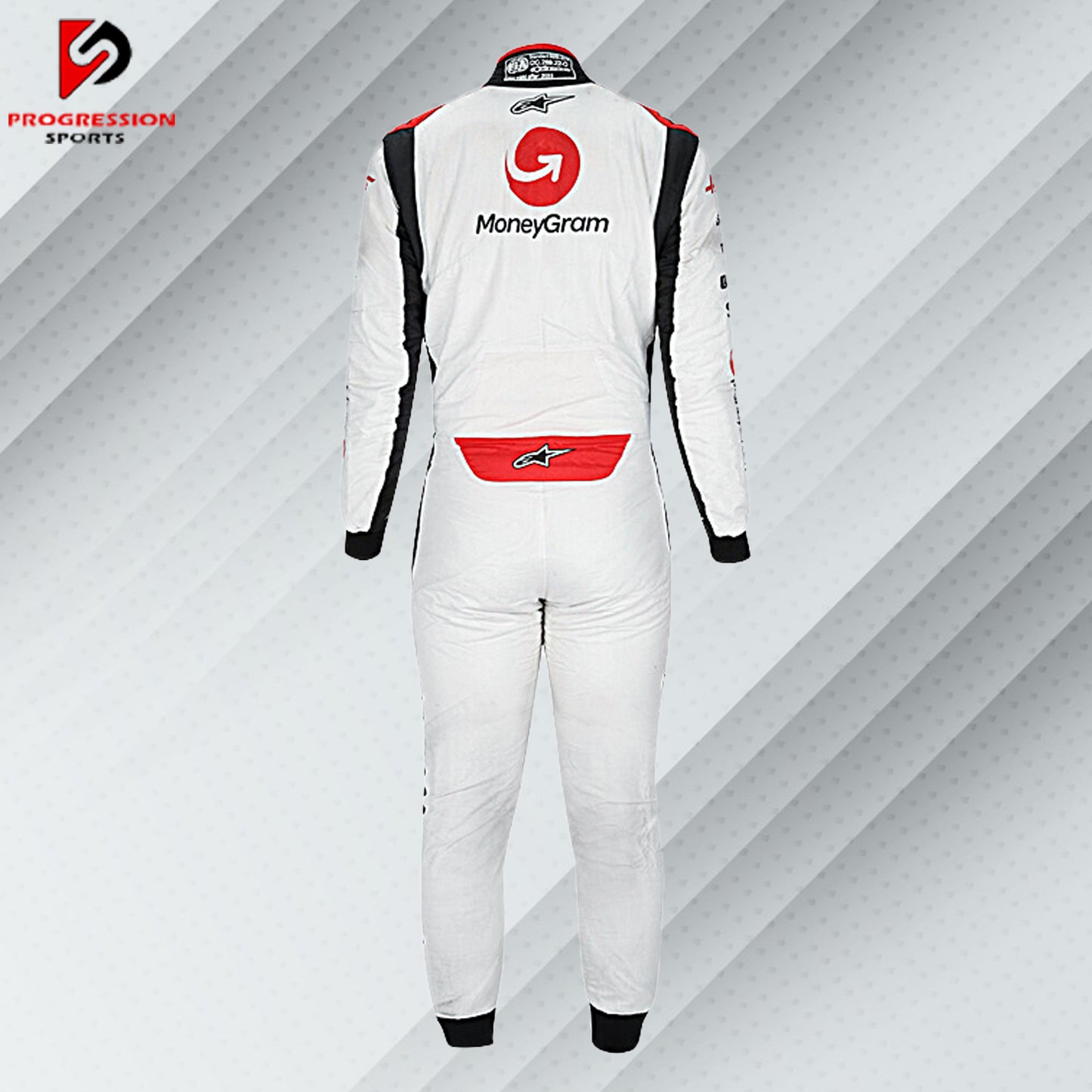 2023 Kevin Magnussen Haas F1 race suit in white with red accents and official sponsor logos including MoneyGram and Haas Automation
