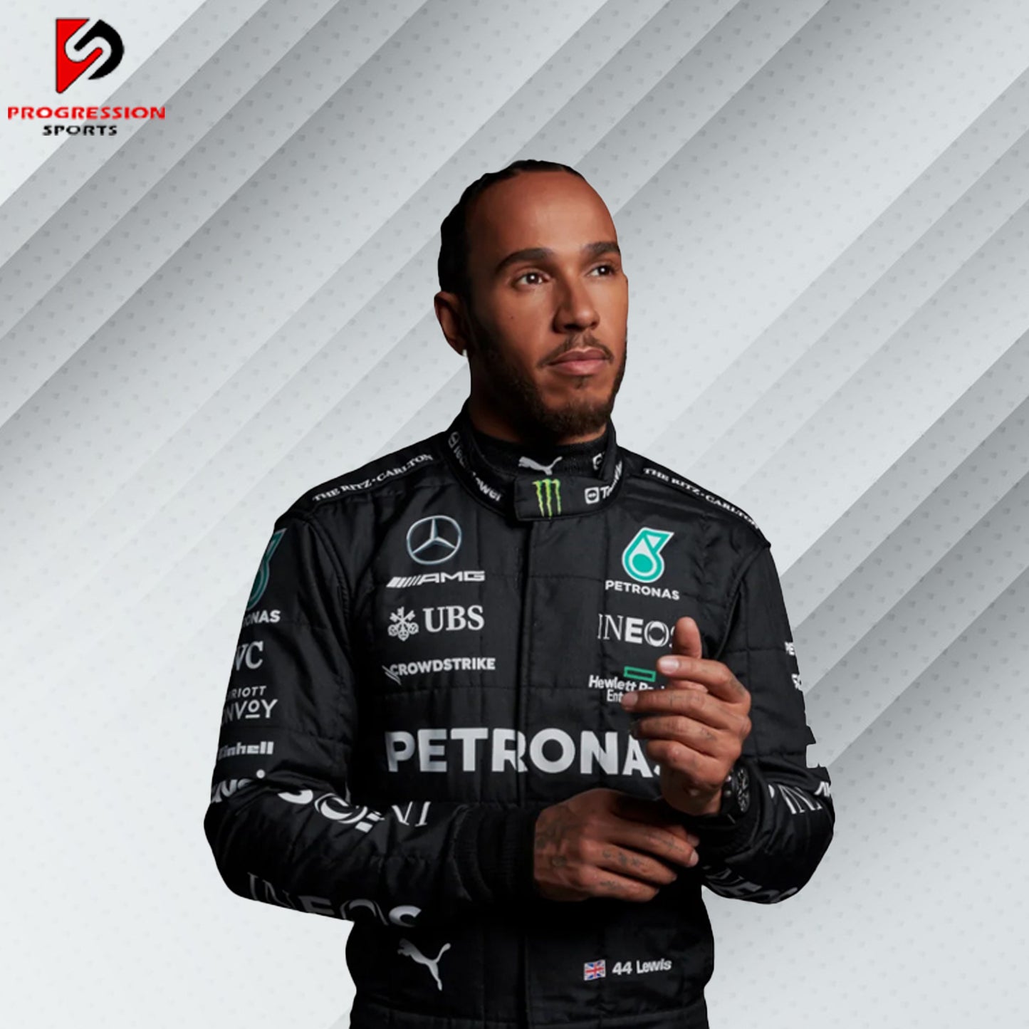 2023 Lewis Hamilton Mercedes F1 race suit in black with Petronas, AMG, Tommy Hilfiger, and Mercedes-Benz sponsor logos
