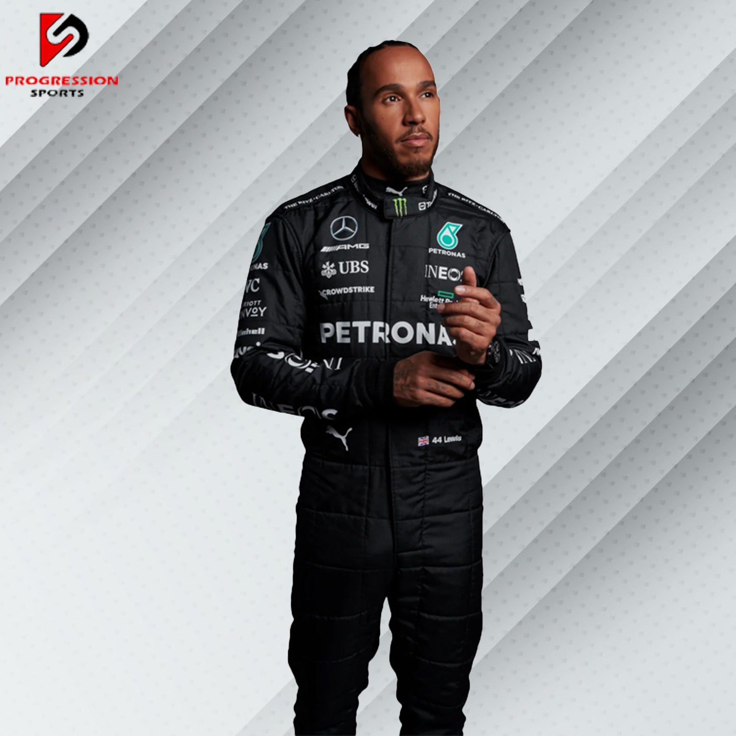 2023 Lewis Hamilton Mercedes F1 race suit in black with Petronas, AMG, Tommy Hilfiger, and Mercedes-Benz sponsor logos