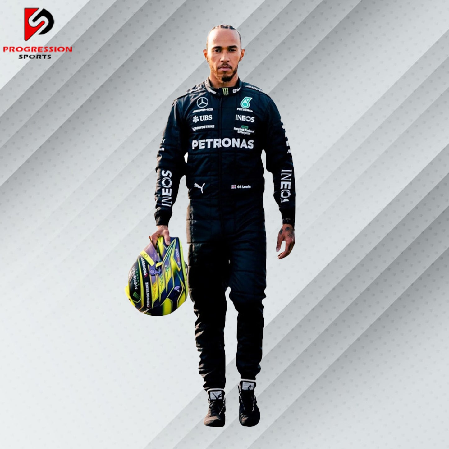 2023 Lewis Hamilton Mercedes F1 race suit in black with Petronas, AMG, Tommy Hilfiger, and Mercedes-Benz sponsor logos
