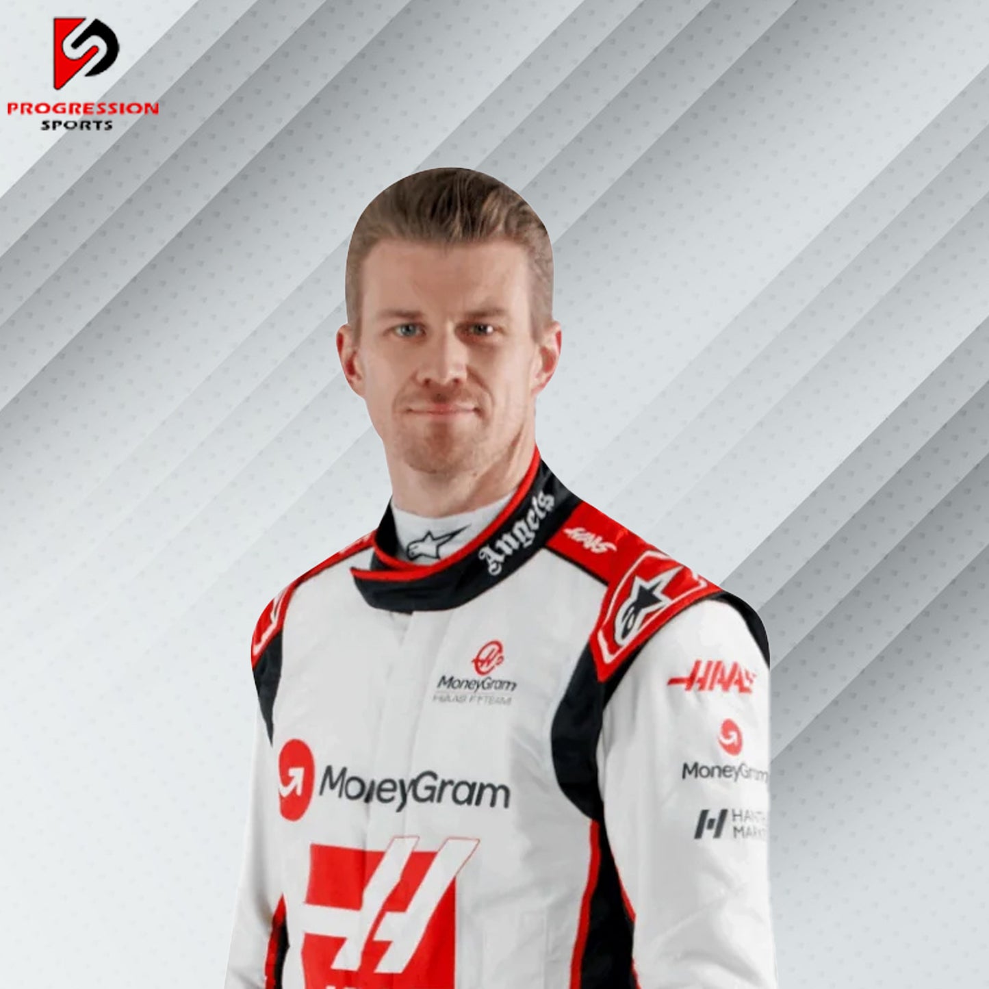 2023 Nico Hülkenberg Haas F1 race suit in white with red detailing and official Haas, MoneyGram, and sponsor logos