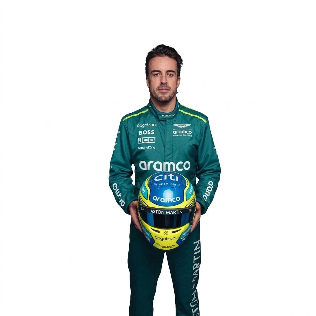 2024 Fernando Alonso Aston Martin F1 race suit back view in British racing green featuring BOSS and Aramco branding on Cordura fabric