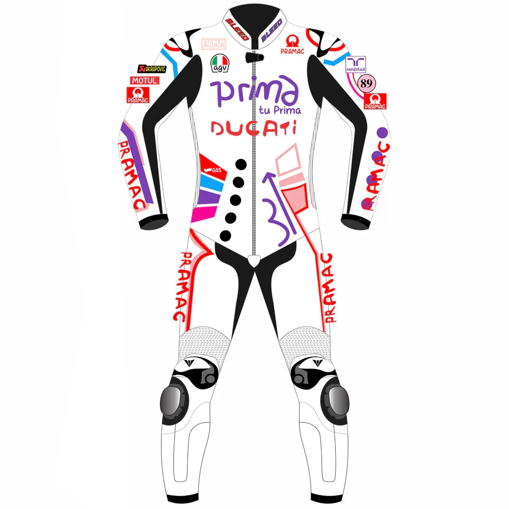 2024 Jorge Martin Ducati Pramac Catalunya GP special art edition leather race suit in white with pop-art graphics and CE Level 2 armor, front view