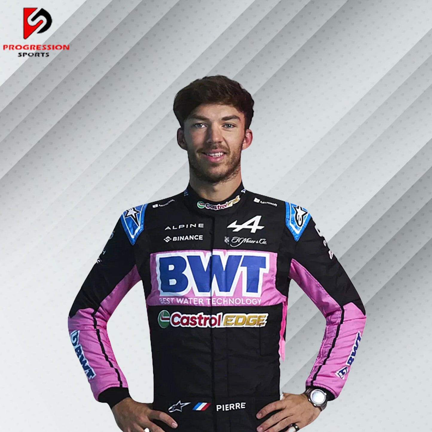 2024 Pierre Gasly BWT Alpine F1 race suit in pink and blue with BWT, Alpine, and Castrol sponsor logos